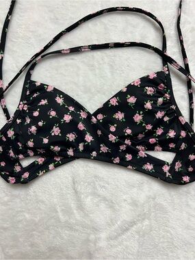 Pink Victoria's Secret Black Bikini Top with Pink Rose Print